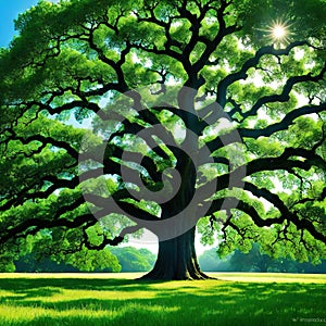 Ancient oak tree in summer illustration