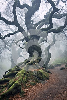 ancient oak tree with twisted branches in misty forest