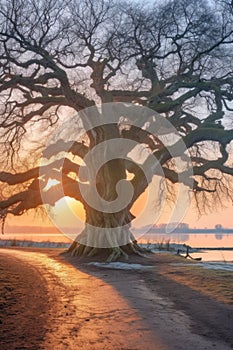 ancient oak tree with twisted branches at sunrise