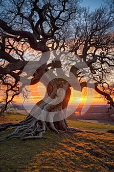 ancient oak tree with twisted branches at sunset