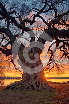 ancient oak tree with twisted branches at sunset