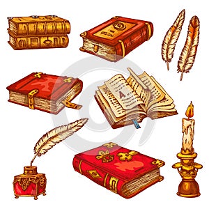 Ancient old books, poetry literature vector sketch