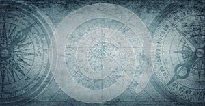 Ancient old compass on the vintage map background. Adventure, discovery, navigation, geography, education, pirate and travel theme