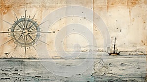 Ancient old compass on the vintage map background. Adventure, discovery, navigation, geography, education, pirate and travel theme