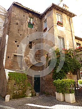 Ancient old medieval houses in the jewish district  to Rome in Italy.