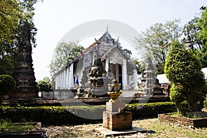 Ancient old ordination hall or antique ruin ubosot for thai travelers people travel visit respect praying blessing buddha wish