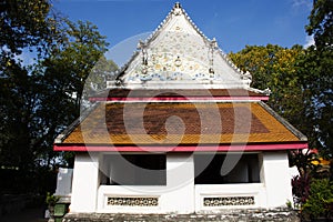 Ancient old ordination hall or antique ruin ubosot for thai travelers people travel visit respect praying blessing buddha wish