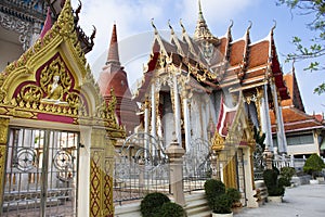 Ancient old ubosot ordination hall and antique stupa ruin chedi for thai people visit respect praying blessing buddha wish holy