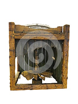 Ancient old wooden water wheel driven mill isolated over white
