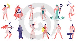 Ancient olympic gods. Greek gods and goddesses, zeus, poseidon, athena, dionysus and ares. Olympic gods cartoon