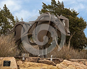 `Ancient One`, a bronze buffalo sculpture by Gino Miles in Edmond, Oklahoma.