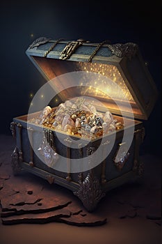 Ancient open treasure chest, glowing gemstones and gold inside