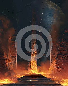 Ancient oracle near a towering obelisk, zestful dance of ritual flames, starlit night, cinematic angle, mystical ambiance,