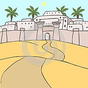 Ancient oriental city at desert landscape cartoon
