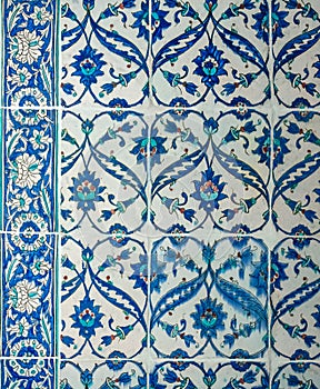 Ancient oriental tiles with floral blue ornament, Bakhchisarai, central Crimea