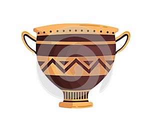 Ancient ornamented vase with handles. Hellenic clay amphora. Greek pottery decorated with ornament. Flat vector cartoon