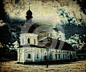 Ancient Orthodox country church in thunderstorm