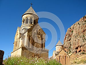 Ancient orthodox stone monastery in Armenia, Noravank, made of yellow brick