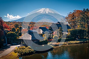 The ancient Oshino Hakkai village with Mt. Fuji in Autumn Season at Minamitsuru District, Yamanashi Prefecture