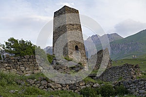 Ancient Ossetian defensive tower on the ruins of the village of Tsmiti. Northern Ossetia-Alania