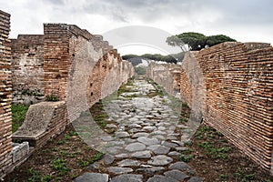 Ancient Ostia port on the Tiber in Rome. Roman Archeology site