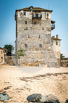 Ancient Ouranoupolis Tower on Athos peninsula in Halkidiki, Greece