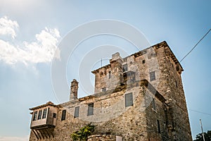 Ancient Ouranoupolis Tower on Athos peninsula in Halkidiki, Greece