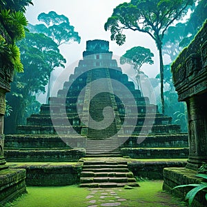 ancient and overgrown mayan temple ruins in the lost place in the amazon fictional landscape created with