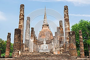 Ancient pagoda and big buddha at Sukhothai Historical Park.
