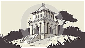 Ancient PagodaLike Structure on Hill, vector design Generative AI