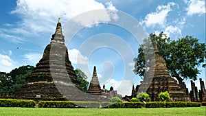 Ancient Pagoda in Sukhothai historical park , famous tourist attraction in northern Thailand.