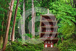 Ancient pagoda among trees, Muroji Temple, Nara, Japan
