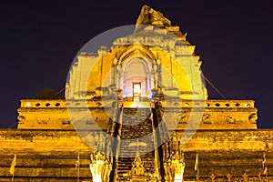 Ancient pagoda at Wat Chedi Luang temple 700 years in Chiang Mai, Asia Thailand, They are public domain or treasure of Buddhism