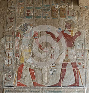 Ancient paintings and hieroglyphs at Karnak Temple. Egypt