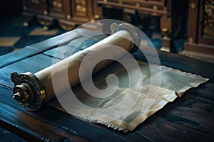 Ancient papyrus on historical table with old manuscript