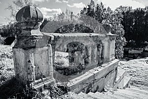 Ancient parapet and staircase concept photo. Castle ruins terrace view. Ruined ancient palace in Ukraine.