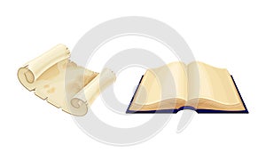 Ancient parchment scroll and opened old book set vector illustration