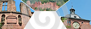 An ancient, partially ruined brick structure from Heidelberg Castle in Germany. Free space for text. Wide photo. Collage photo