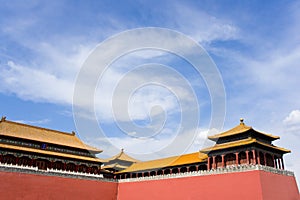 Ancient pavilion and red wall of Gate Wumen in For