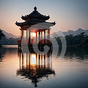 ancient pavilion on the west lake with sunset in hangzhou,China. made with Generative AI