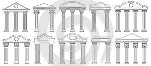 Ancient pediments. Greek and roman architecture temple facade with ancient pillars vector illustration set. Antique