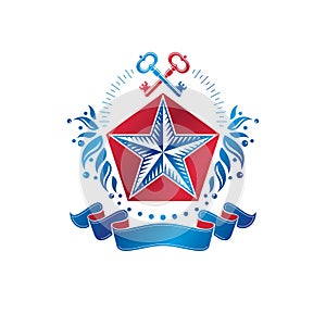 Ancient pentagonal Star emblem decorated with keys and floral ornament, security theme. Heraldic vector design element, guard