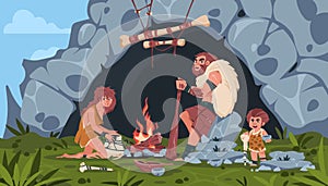 Ancient people scene. Cartoon background with prehistoric stone age family. Wooden hut and cave. Rock or bone tools and