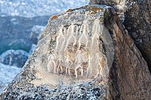 Ancient petroglyph depicting humans in Gobustan, Azerbaijan