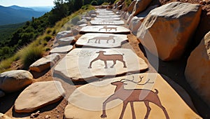 Ancient Petroglyph Path Through Scenic Mountains and Desert Stones