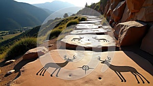 Ancient Petroglyph Path Through Scenic Mountains and Desert Stones