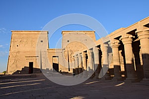 Ancient pharaohs Philae temple in Aswan Egypt in the river nile , old temple have hieroglyphs craved in its stones/Trajan`s Kiosk