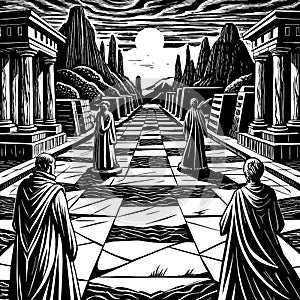 Ancient Philosophers Walking in a Classical Cityscape