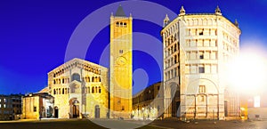 Ancient Piazza Duomo , cathedral and baptistery at dusk, Parma