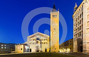 Ancient Piazza Duomo , cathedral and baptistery at dusk, Parma